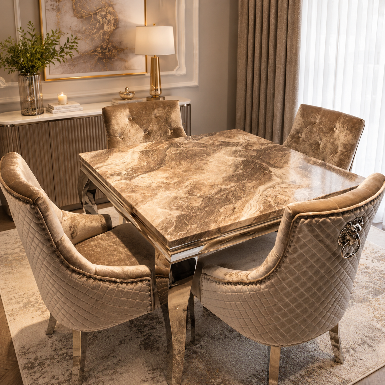 1.0 Brown Marble 4 Beige Lion Chairs
