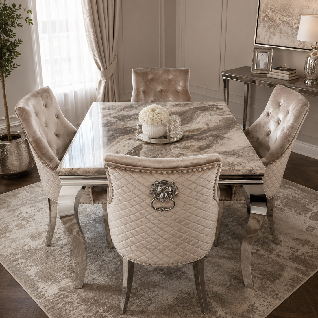1.0 Brown Marble 4 Beige Lion Chairs