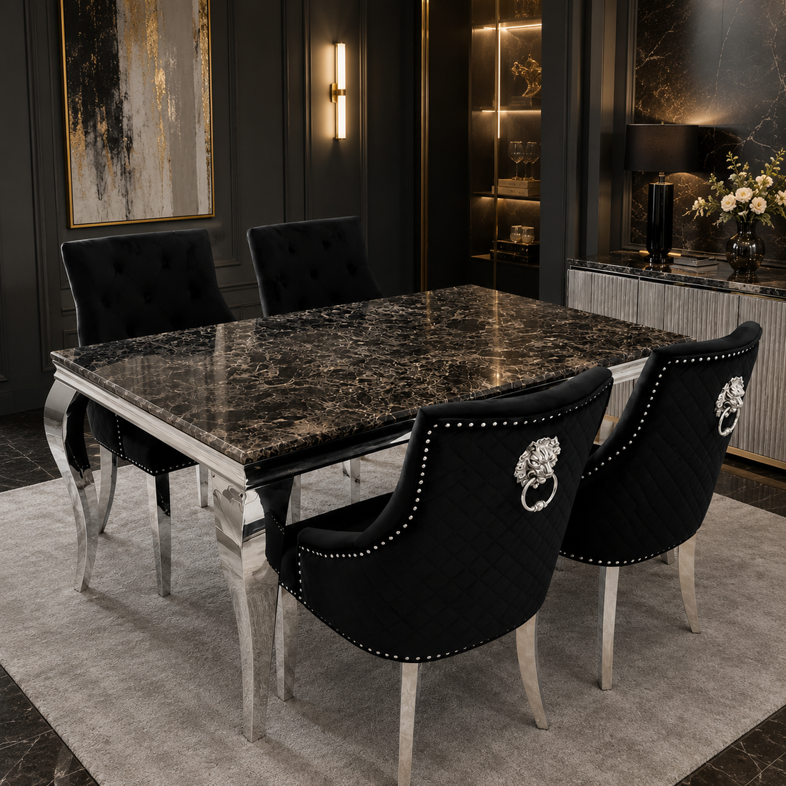 1.5 Black Marble 4 Black Chairs