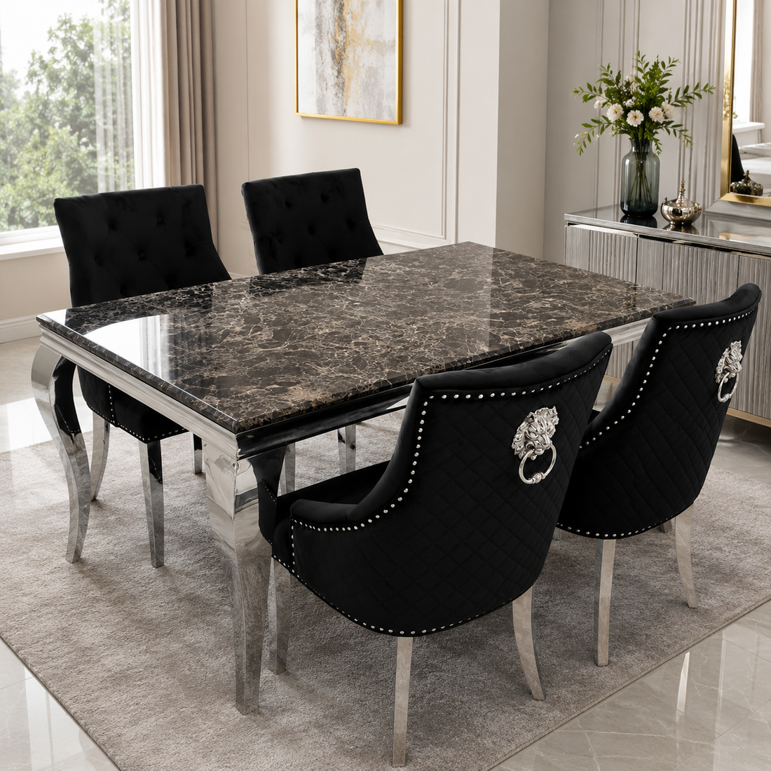 Black Marble Dining Set with 4 Black Chairs