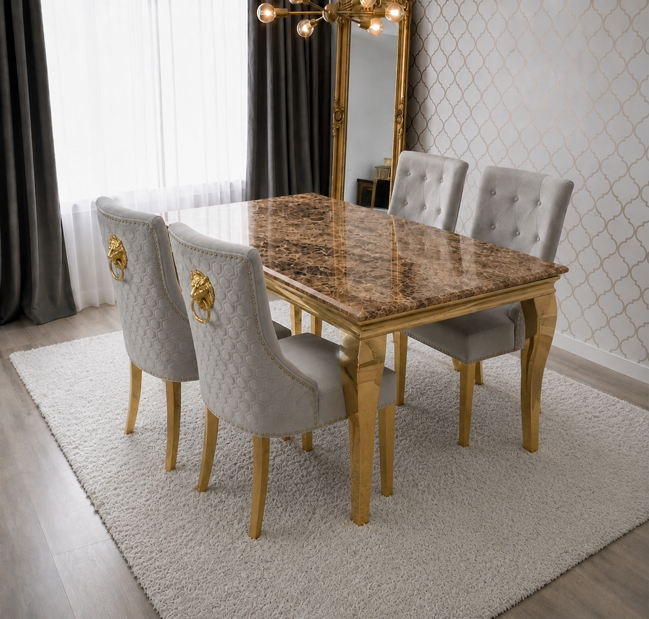 Lewis Beige Marble Dining Set - Gold