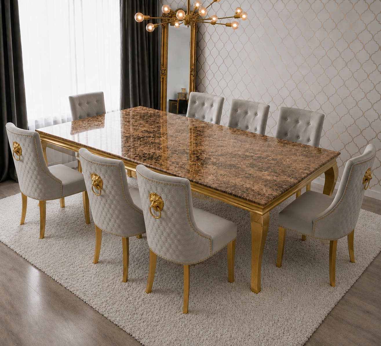 Lewis Beige Marble Dining Set - Gold