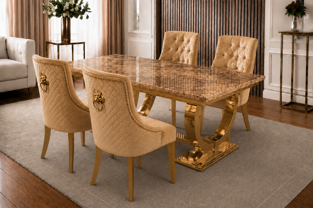 Chelsea Beige Marble Dining Set - Gold