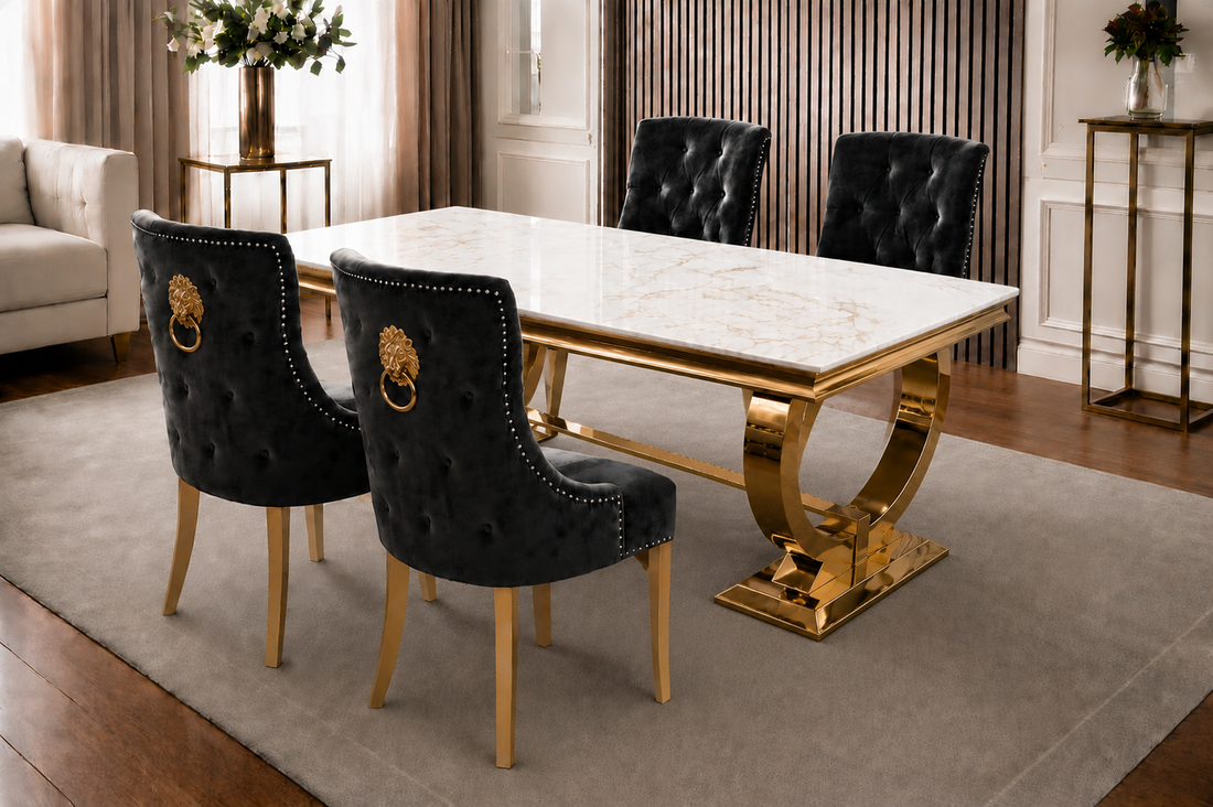 Chelsea Gold & White Marble Dining Set - Gold