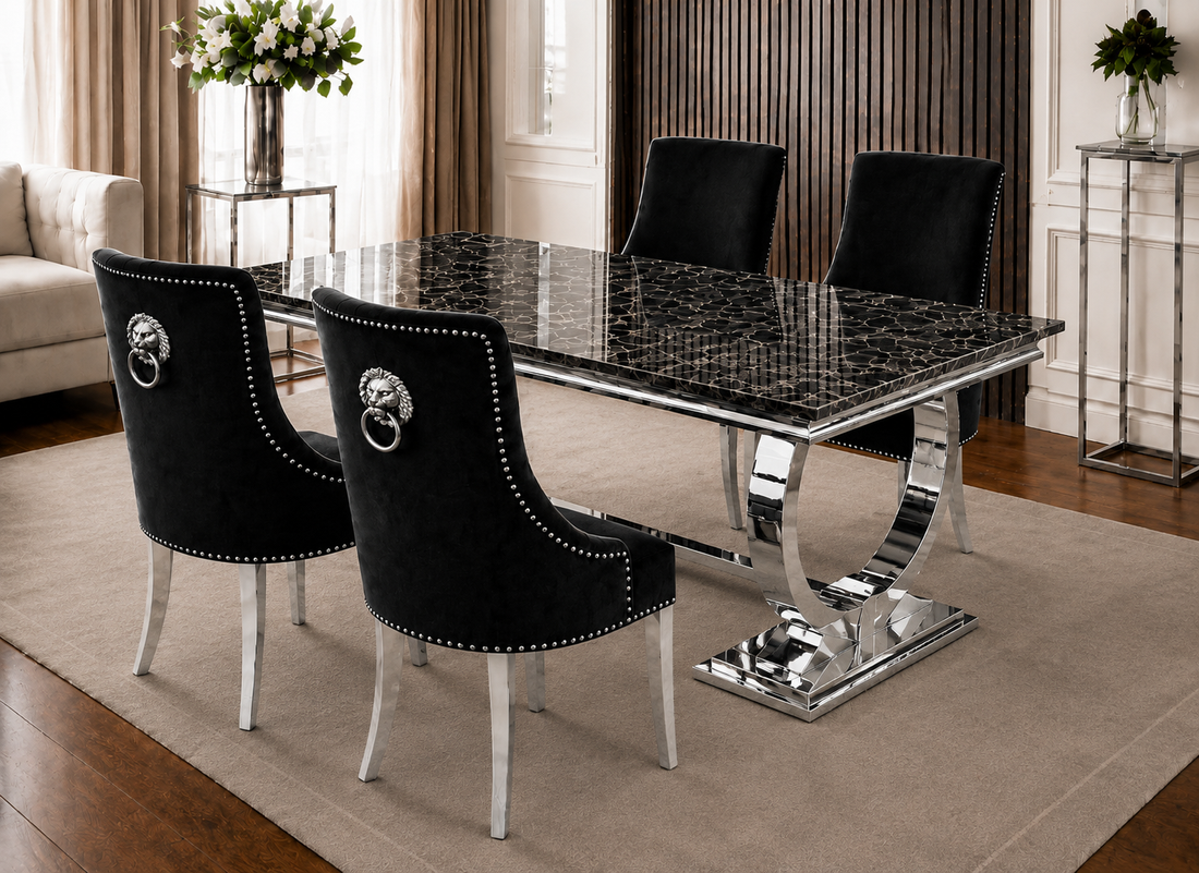 Chelsea Black Marble Dining Set - Silver