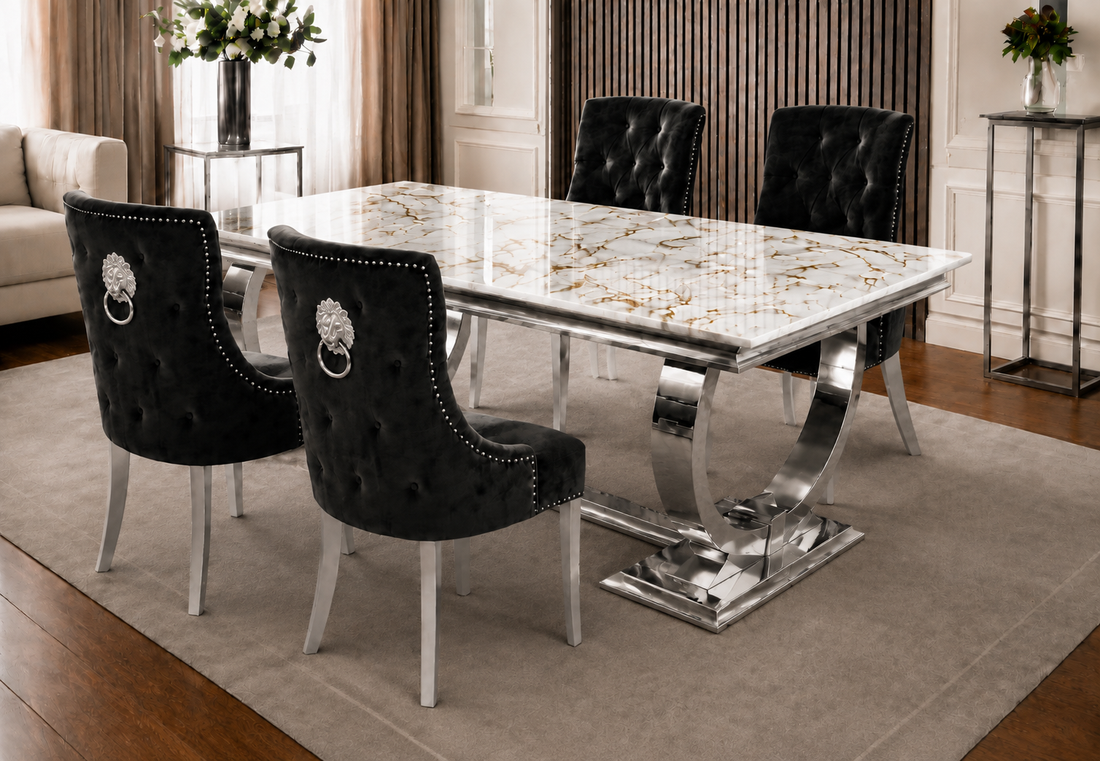 Chelsea Gold & White Marble Dining Set - Silver