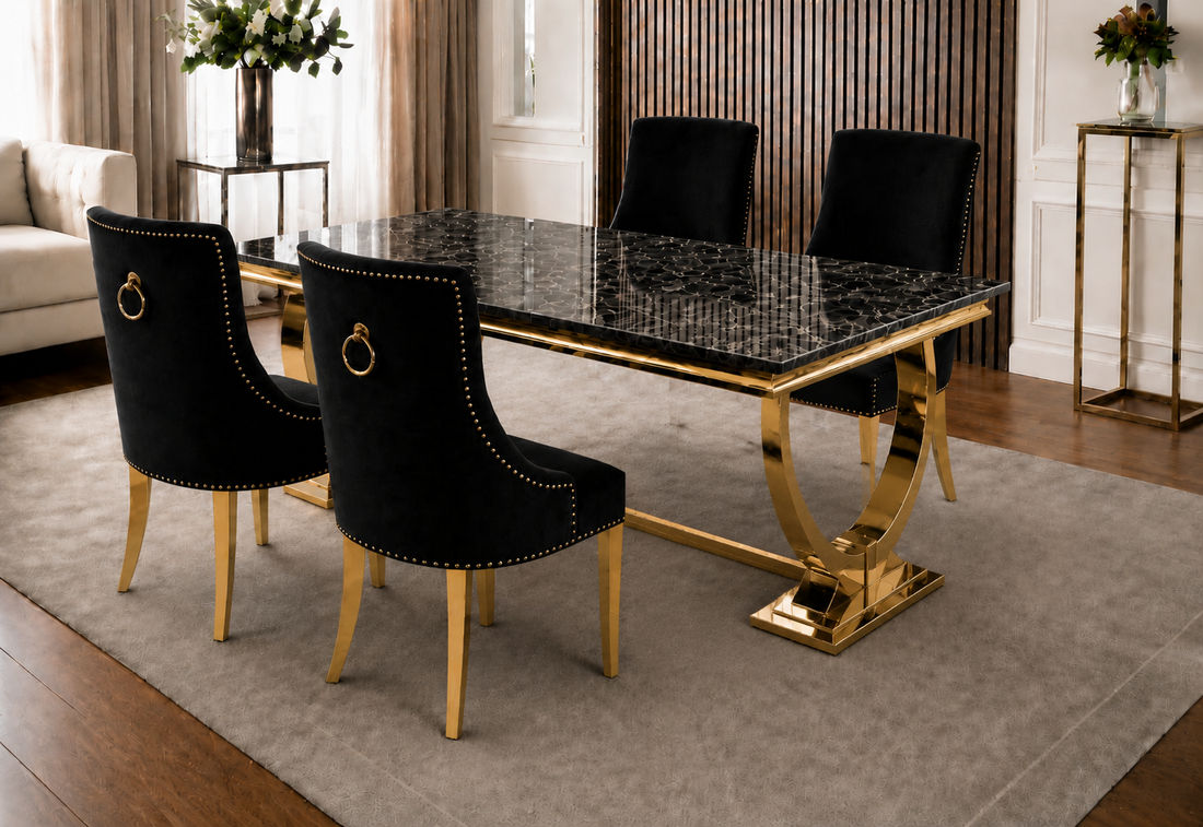 Chelsea Bentley Noir black marble dining set with velvet chairs