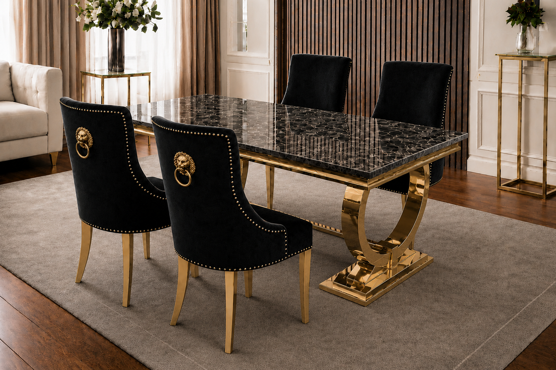 Chelsea Bentley Noir black marble dining set with velvet chairs