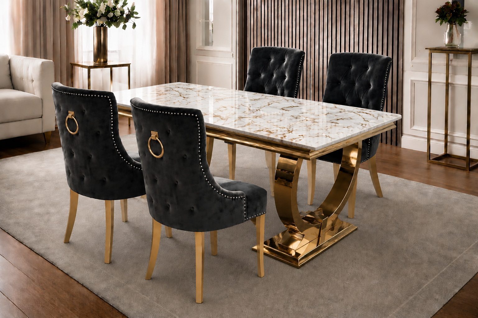 Chelsea Kensington Gold And White Marble Dining Set