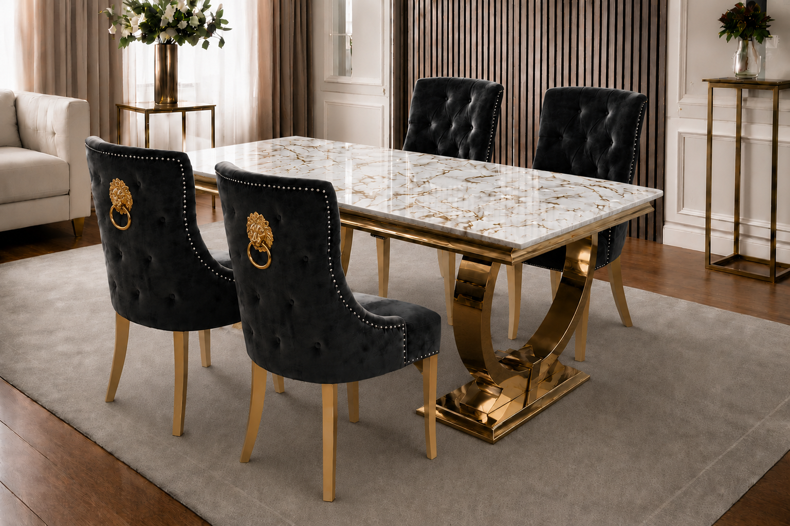 Chelsea Kensington Gold And White Marble Dining Set