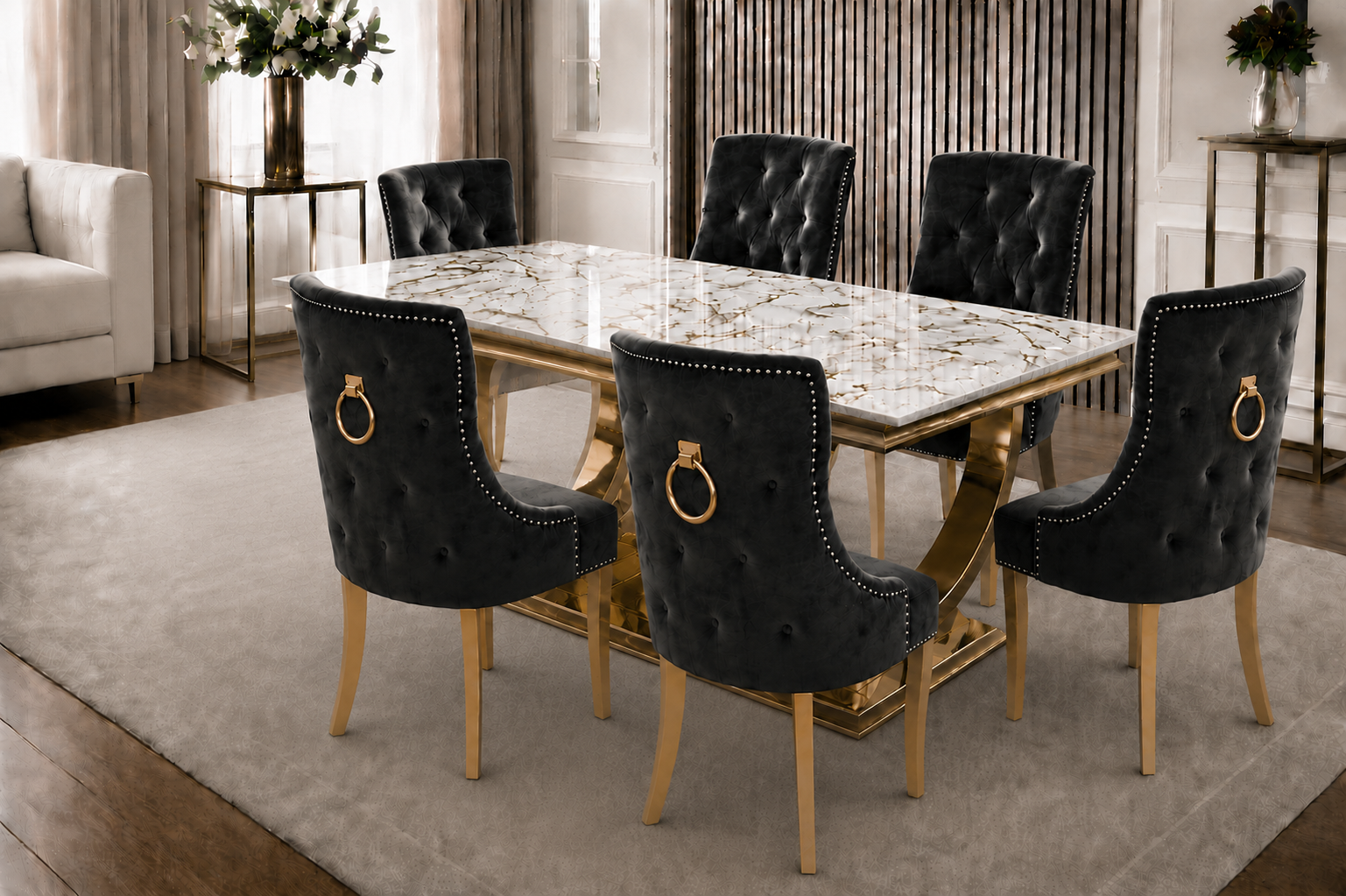 Chelsea Kensington Gold And White Marble Dining Set