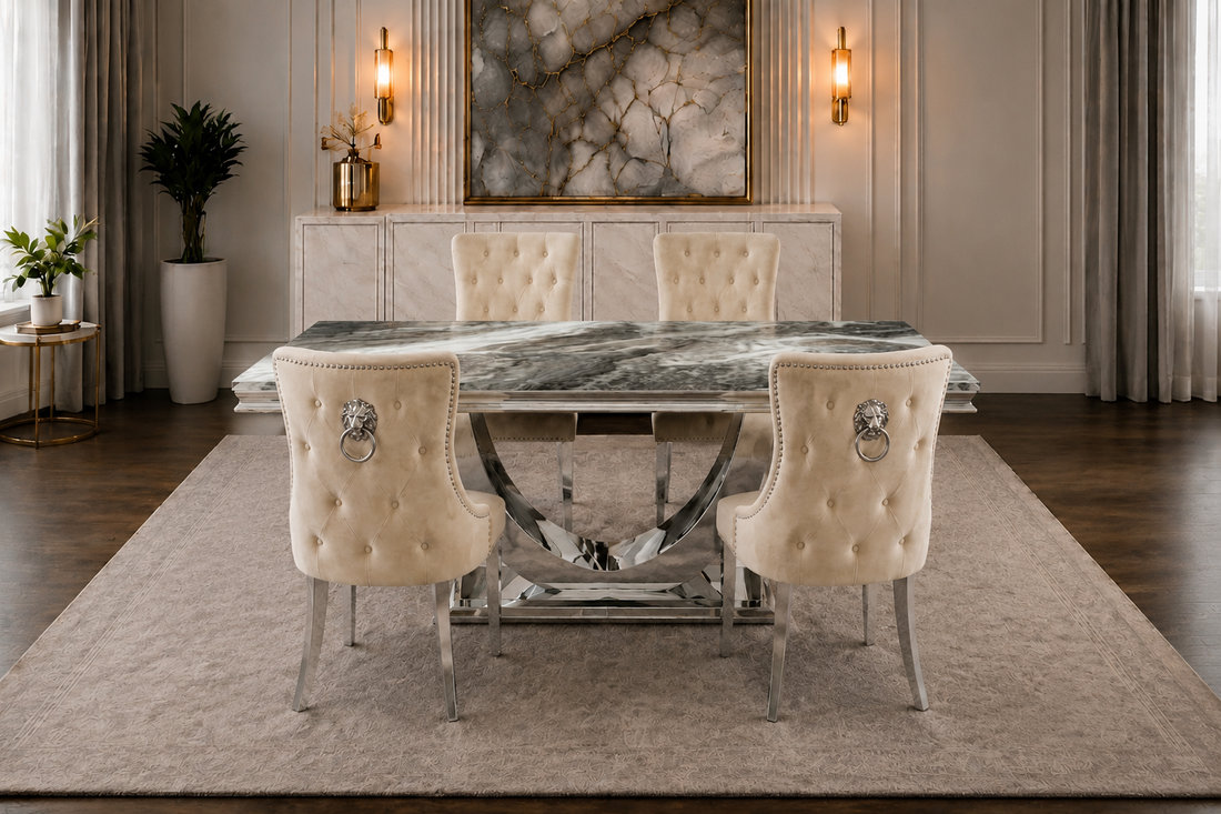 London Kensington Beige Marble Dining Set