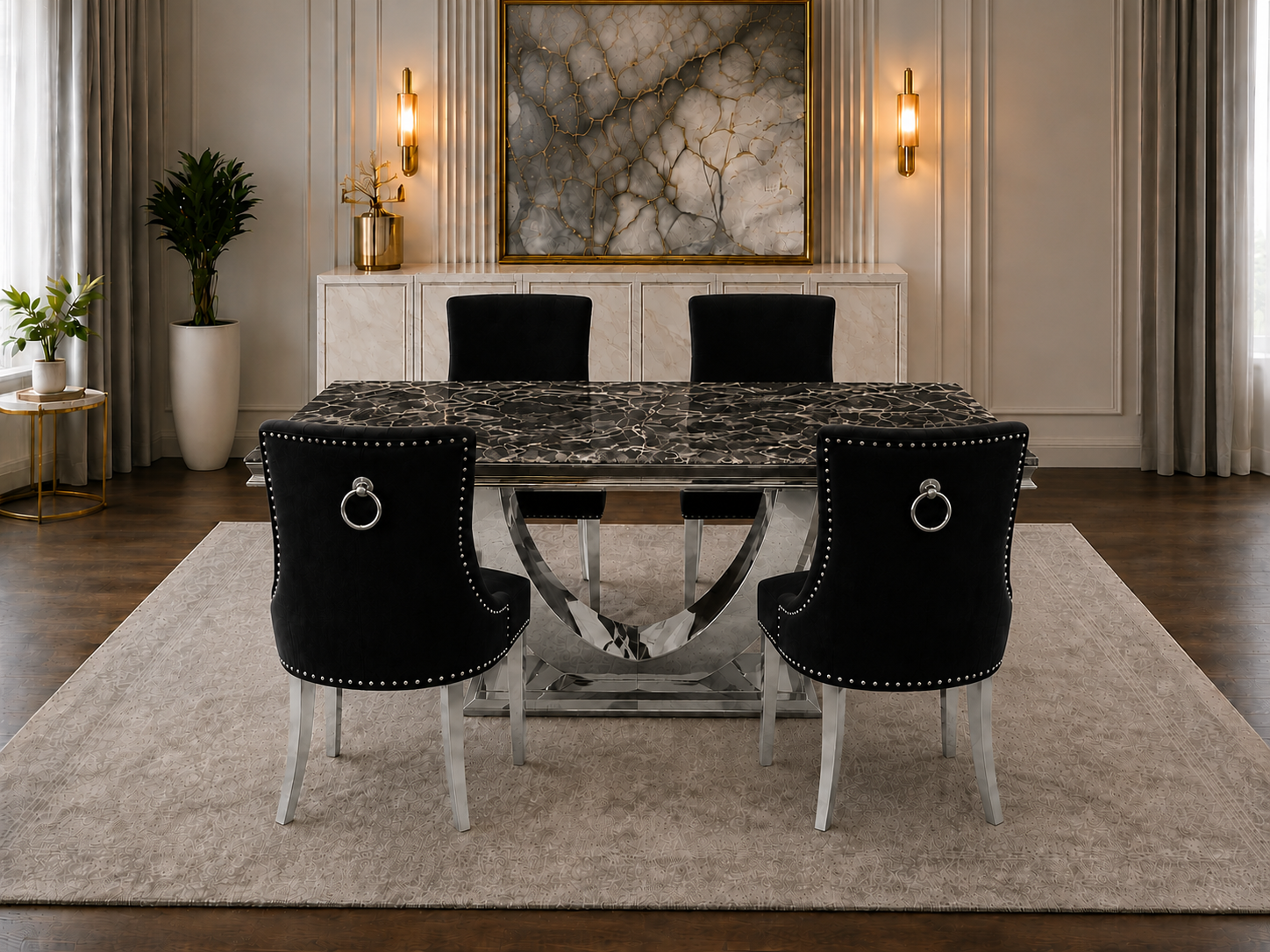 London Monaco Prestige Black Marble Dining Set Silver Chair