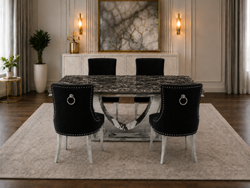 London Monaco Prestige Black Marble Dining Set Silver Chair
