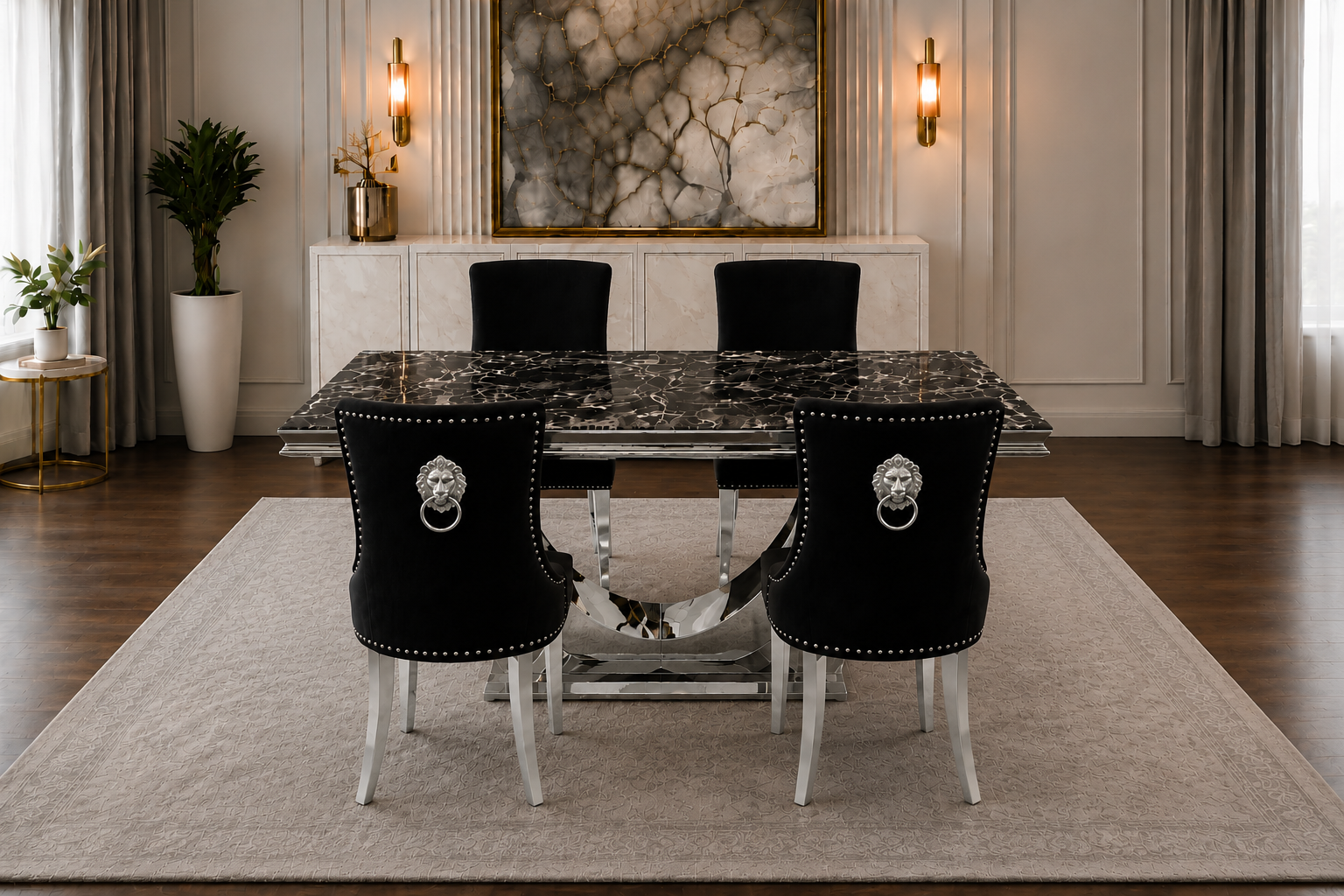London Monaco Prestige Black Marble Dining Set Silver Chair