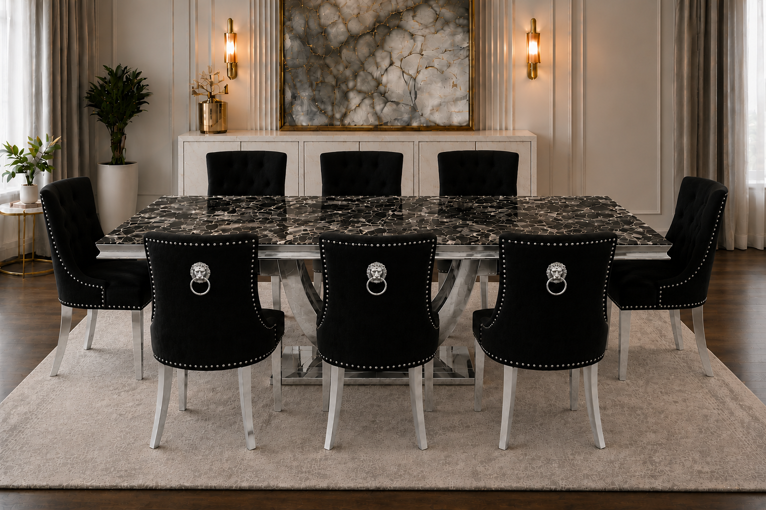 London Monaco Prestige Black Marble Dining Set Silver Chair