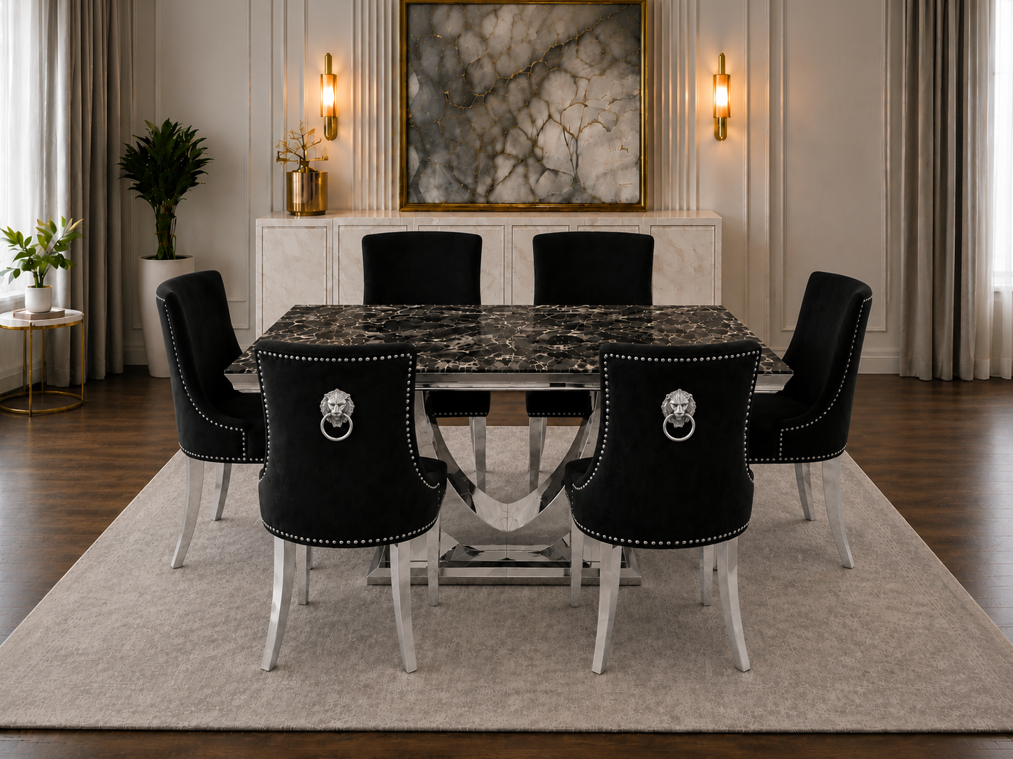 London Monaco Prestige Black Marble Dining Set Silver Chair
