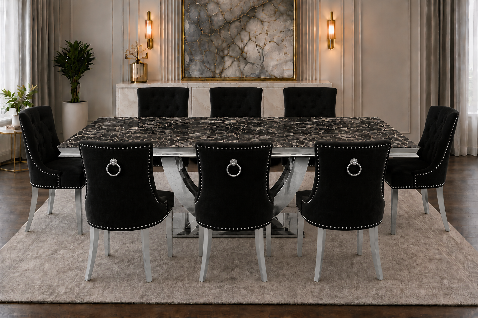 London Monaco Prestige Black Marble Dining Set Silver Chair