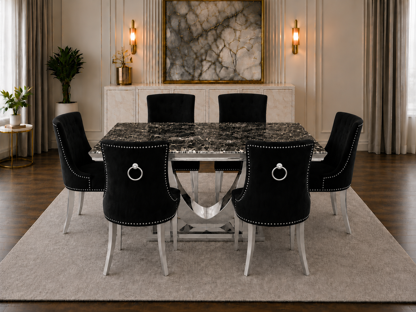London Monaco Prestige Black Marble Dining Set Silver Chair