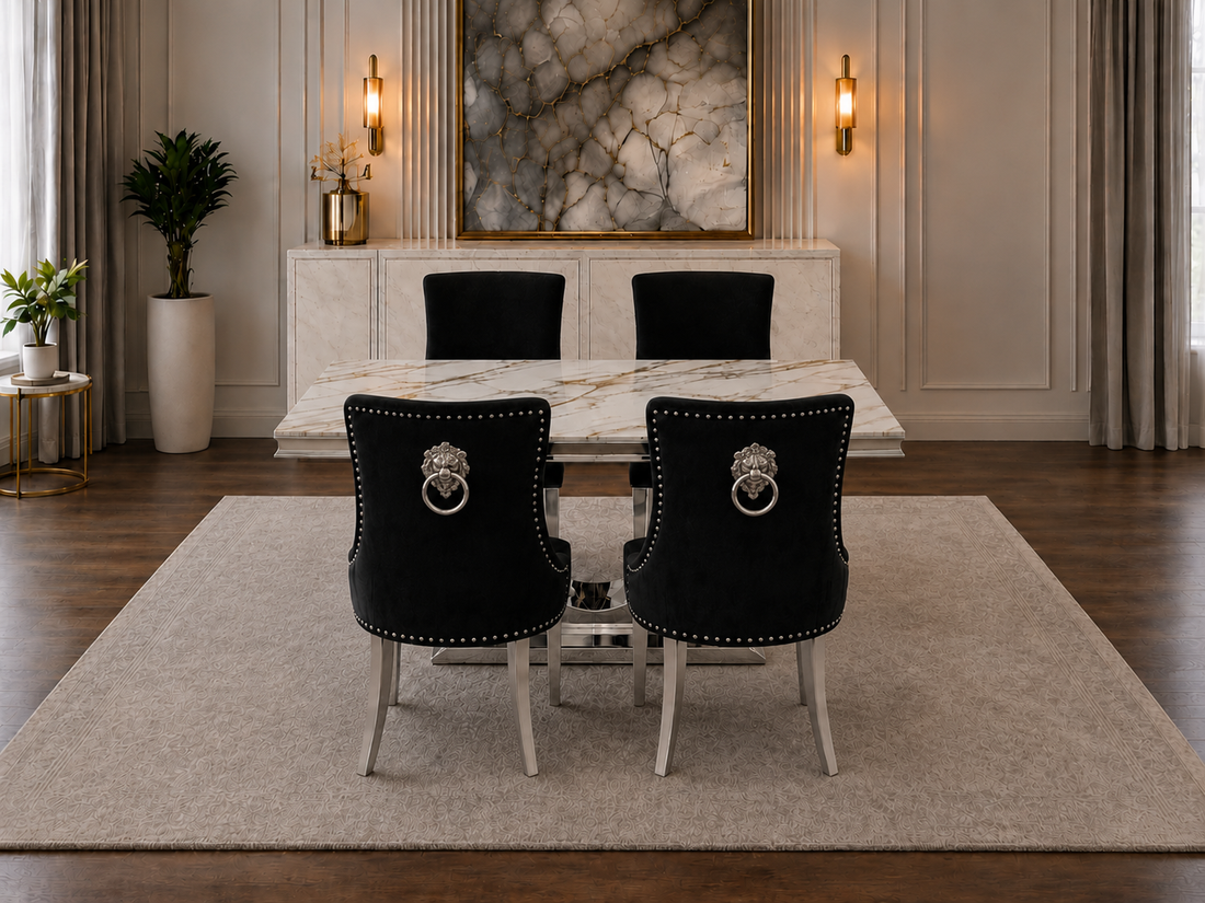 London Verona Gold And White Marble Dining Set Silver Chair