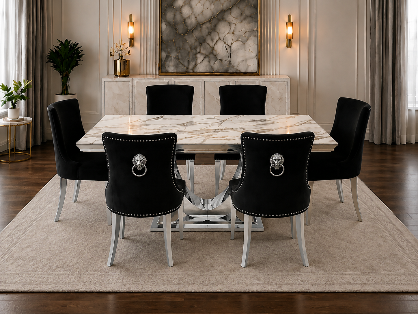 London Verona Gold And White Marble Dining Set Silver Chair