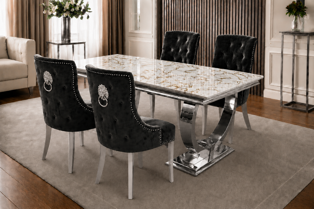 Chelsea Kensington Gold And White Marble Dining Set Silver