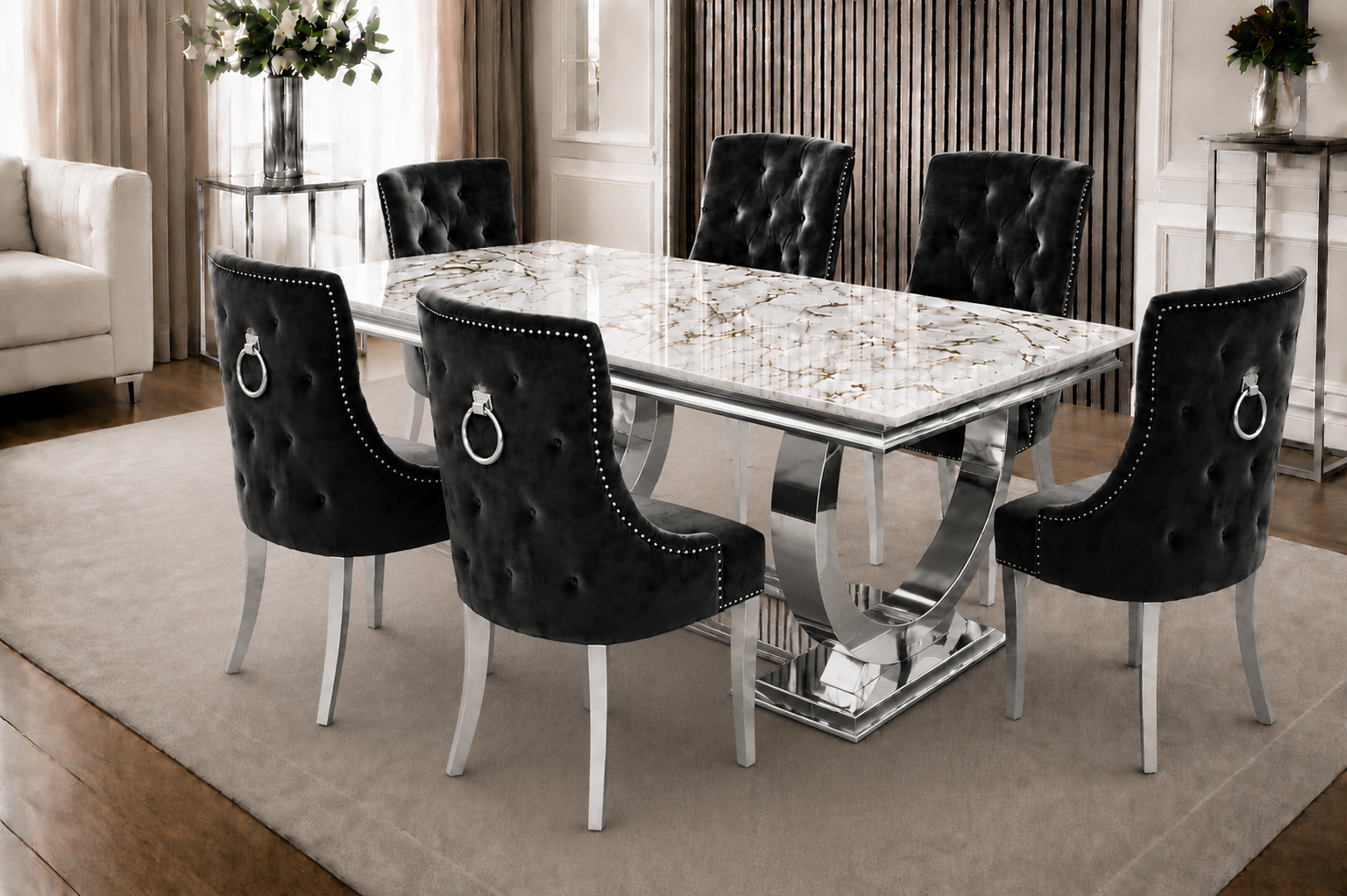 Chelsea Kensington Gold And White Marble Dining Set Silver