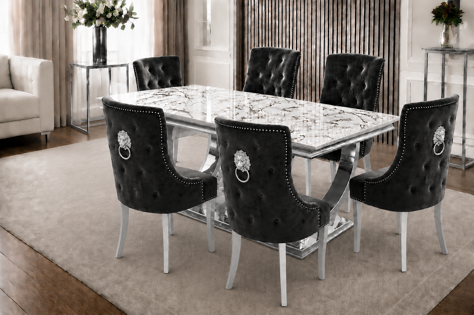 Chelsea Kensington Gold And White Marble Dining Set Silver