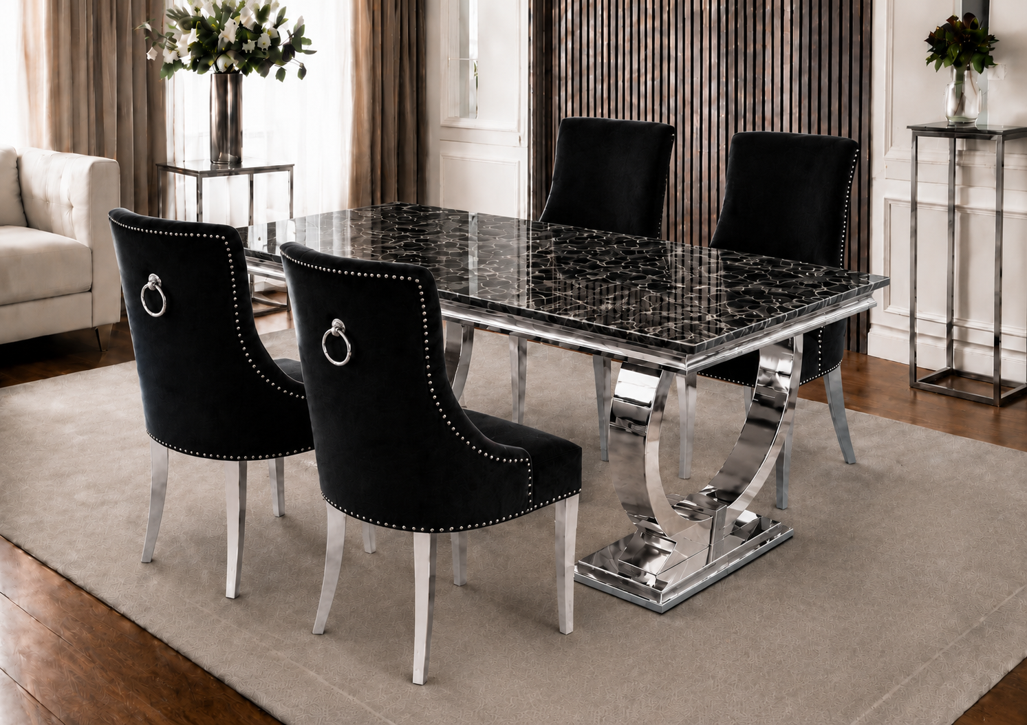 Chelsea Bentley Noir Black Marble Dining Set Silver