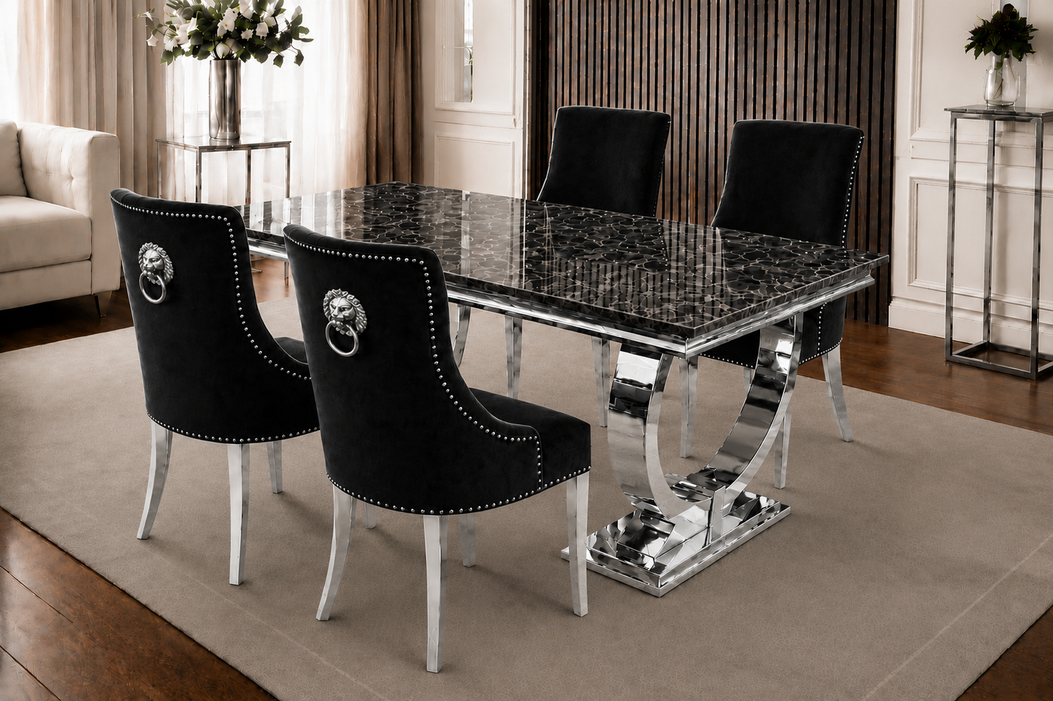 Chelsea Bentley Noir Black Marble Dining Set Silver
