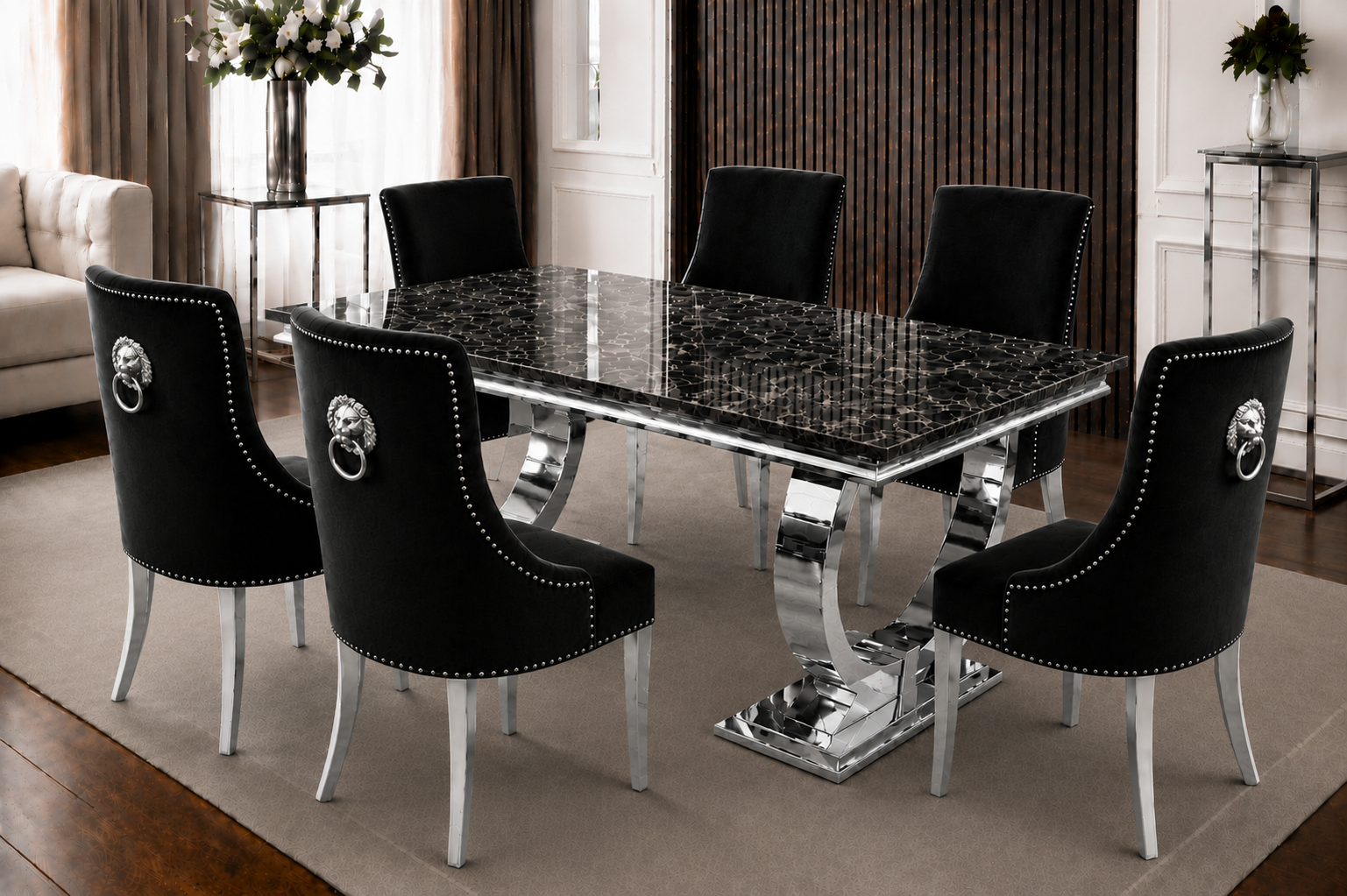 Chelsea Bentley Noir Black Marble Dining Set Silver