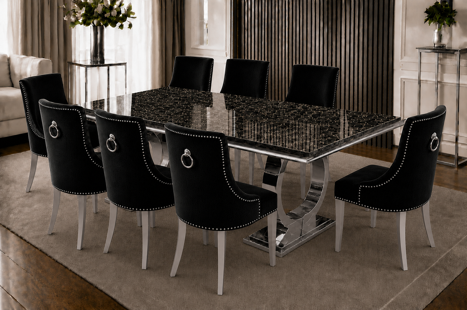 Chelsea Bentley Noir Black Marble Dining Set Silver
