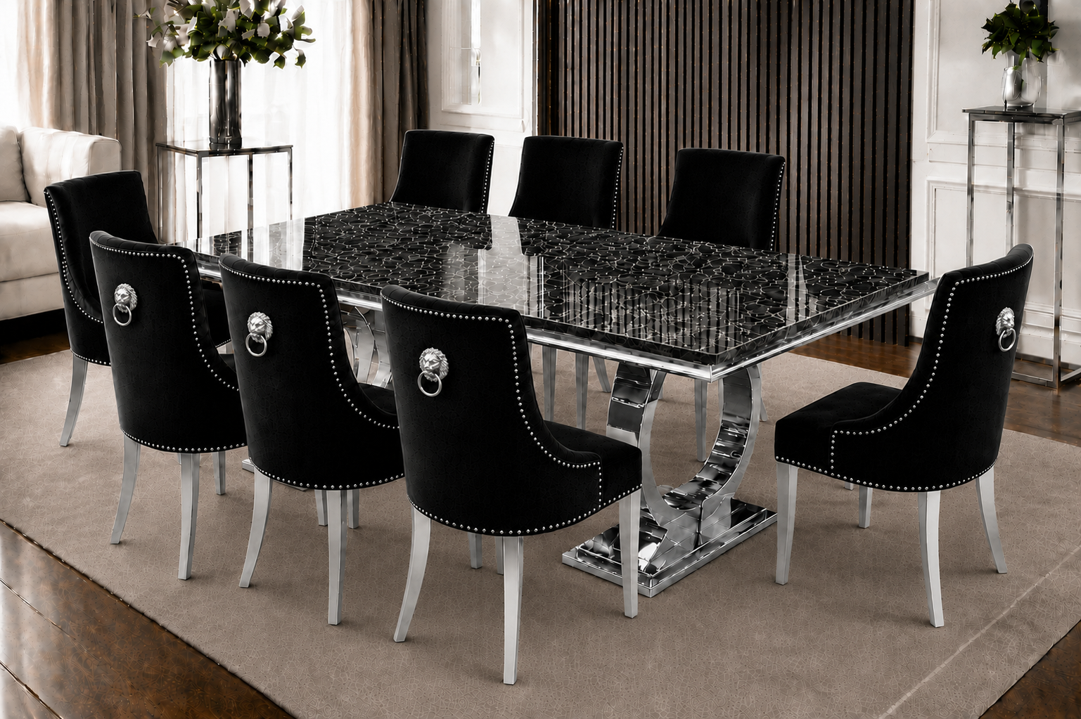 Chelsea Bentley Noir Black Marble Dining Set Silver