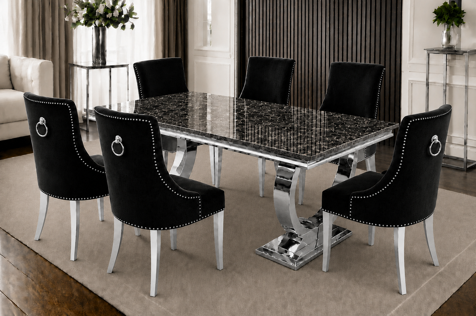Chelsea Bentley Noir Black Marble Dining Set Silver