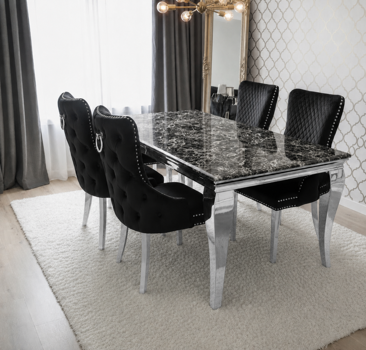 Lewis Monaco Prestige Black Marble Dining Set Silver