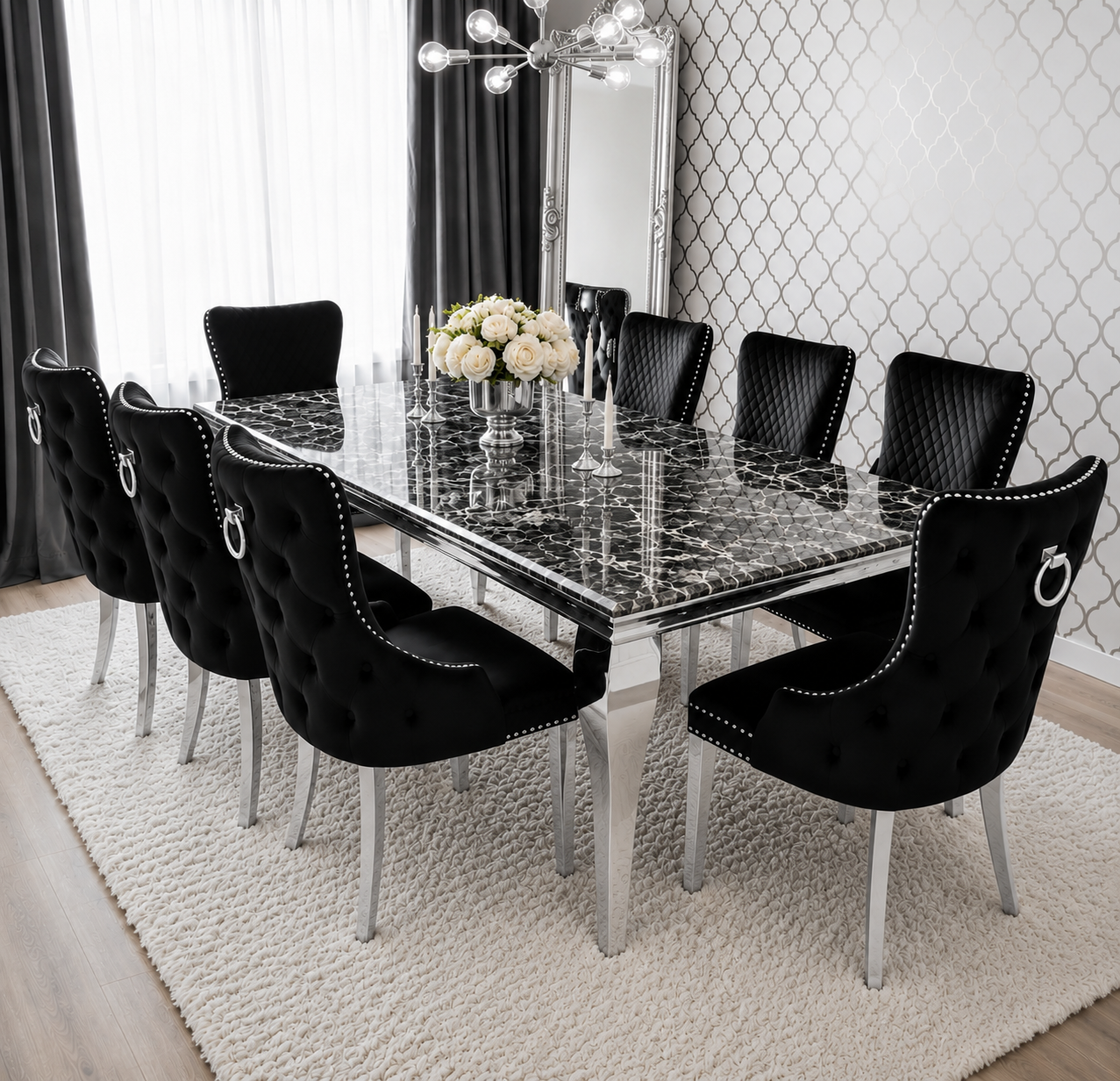 Lewis Monaco Prestige Black Marble Dining Set Silver