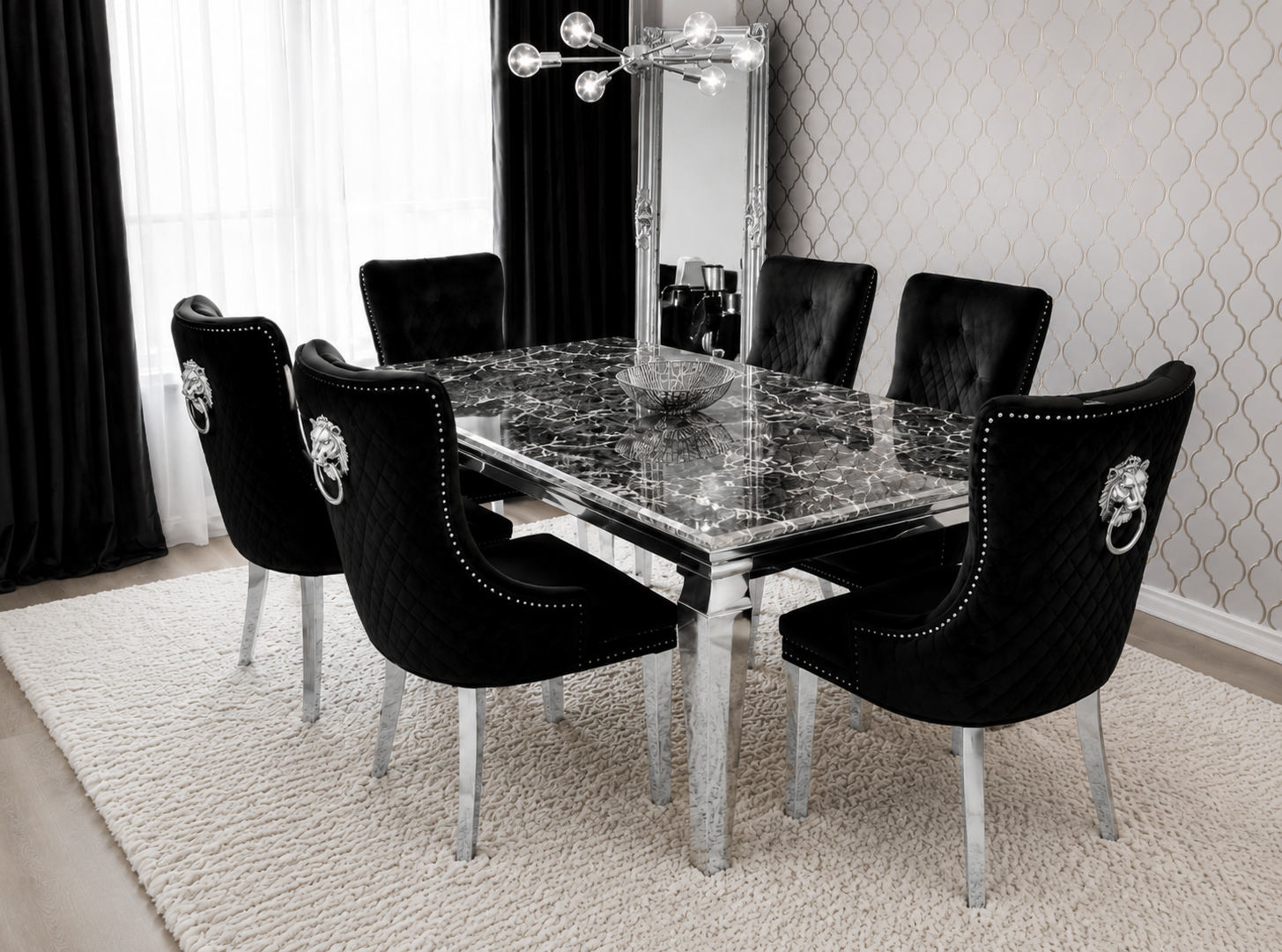 Lewis Monaco Prestige Black Marble Dining Set Silver