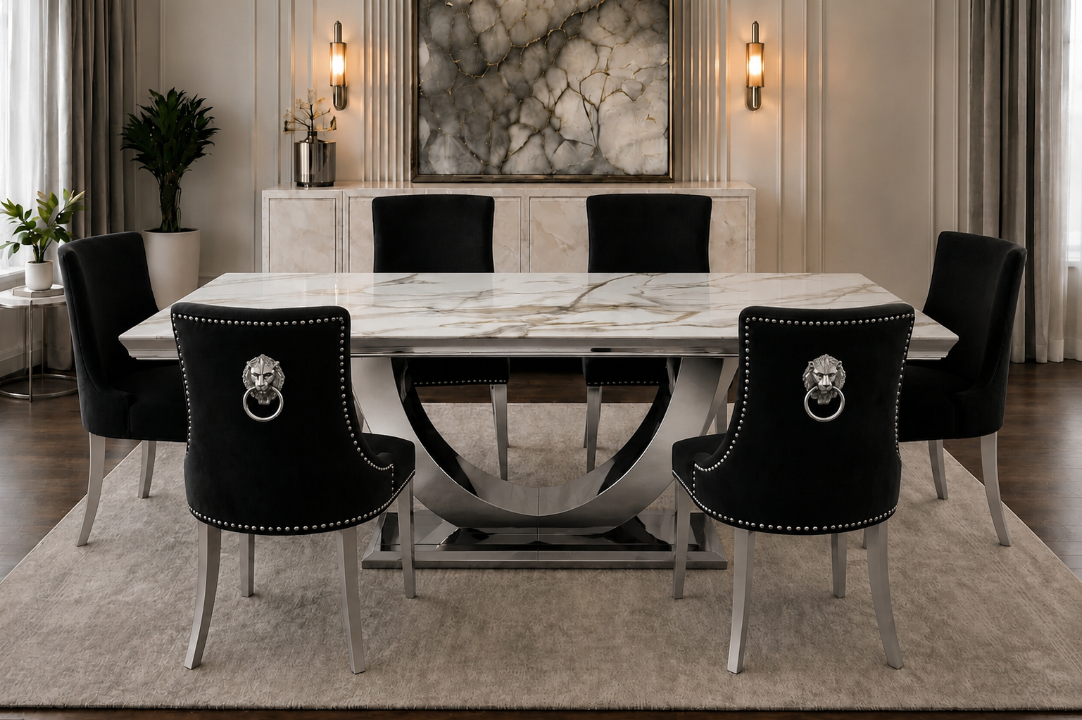 London Verona Gold And White Marble Dining Set Silver Chair
