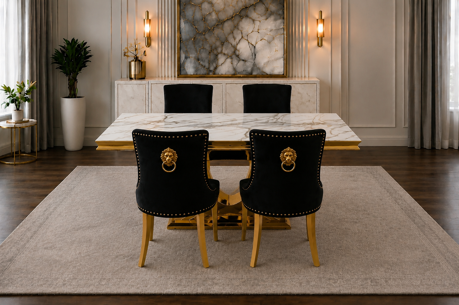 London Verona Gold And White Marble Dining Set