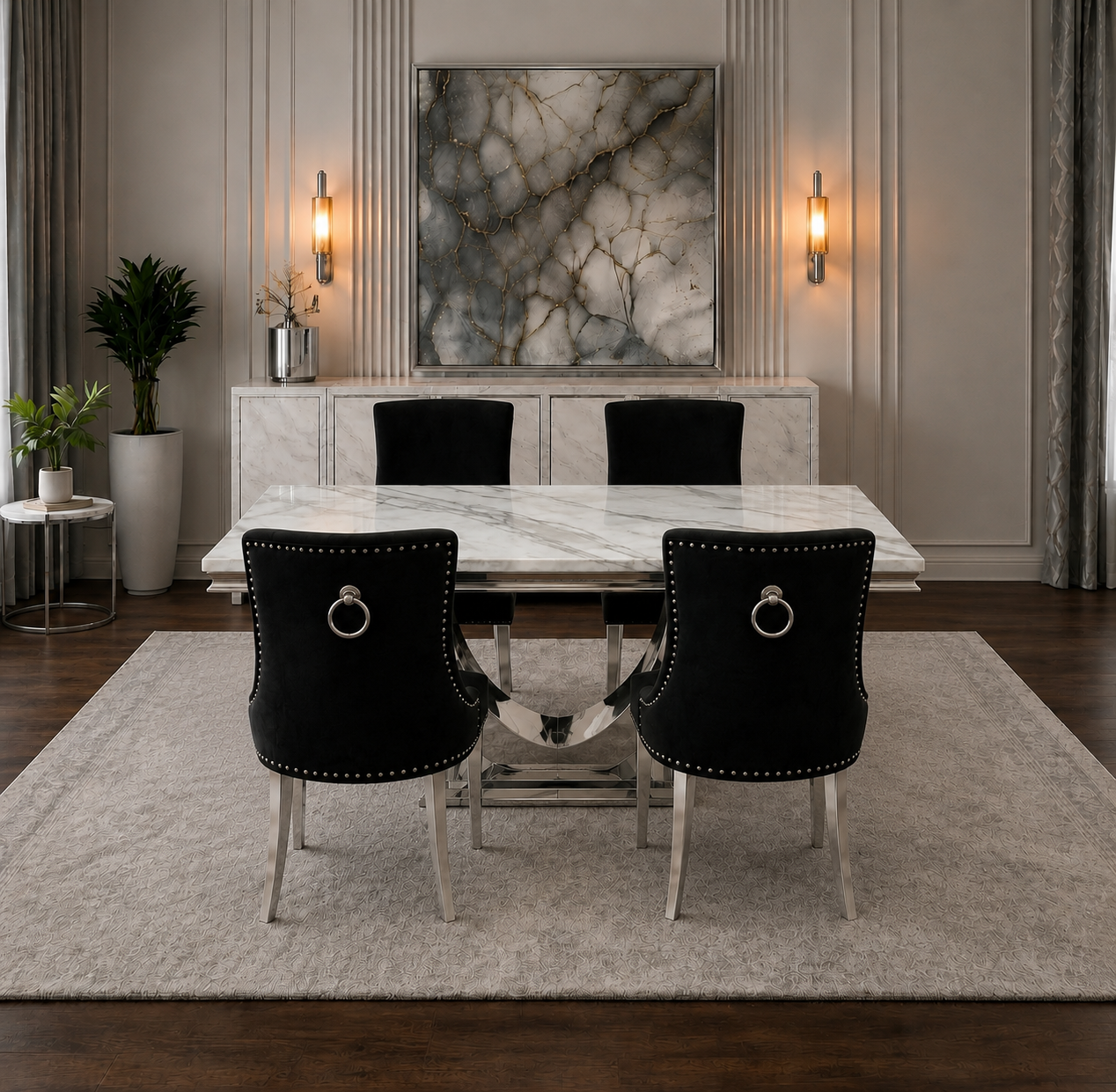 London Kensington White Marble Dining Set