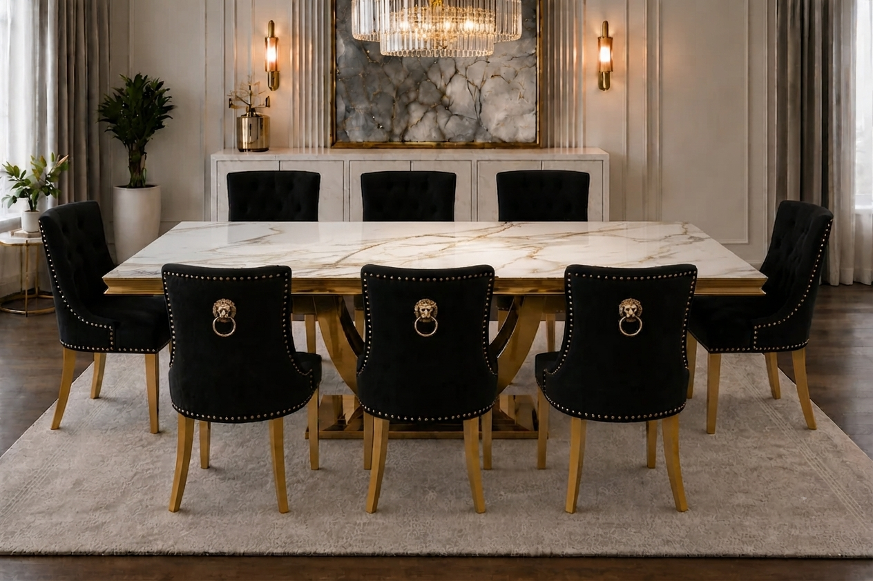 London Verona Gold And White Marble Dining Set