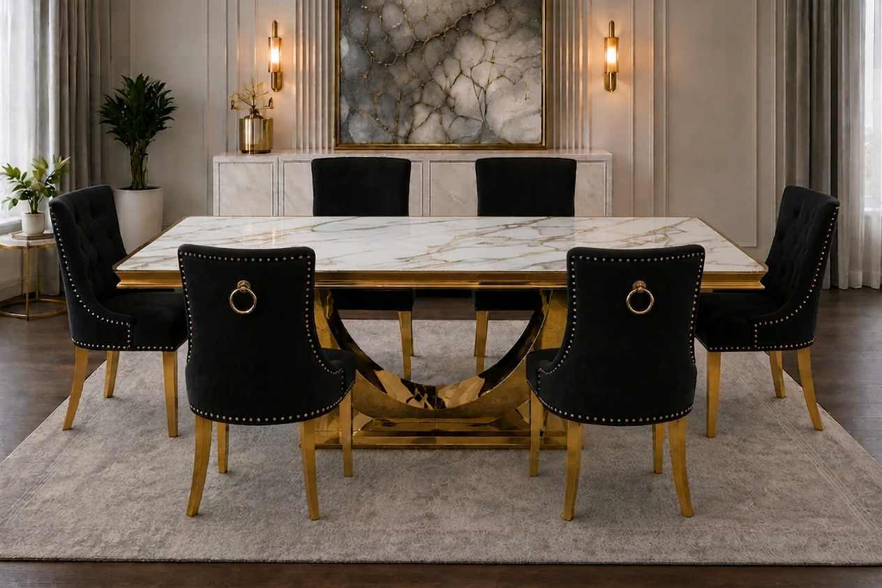 London Verona Gold And White Marble Dining Set