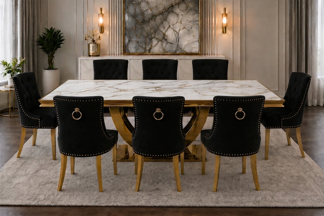 London Verona Gold And White Marble Dining Set