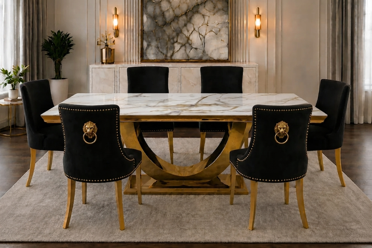 London Verona Gold And White Marble Dining Set