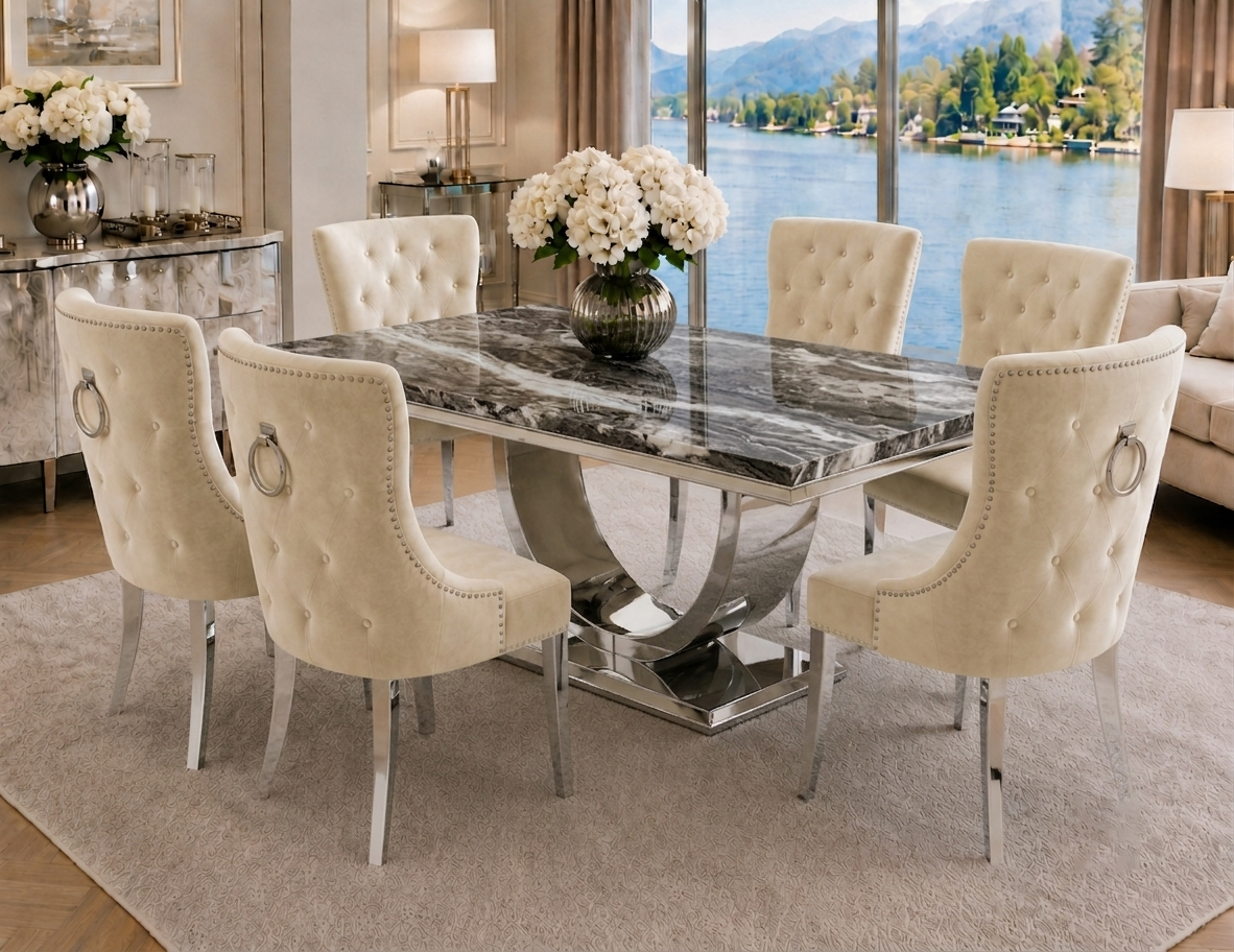 London Kensington Beige Marble Dining Set