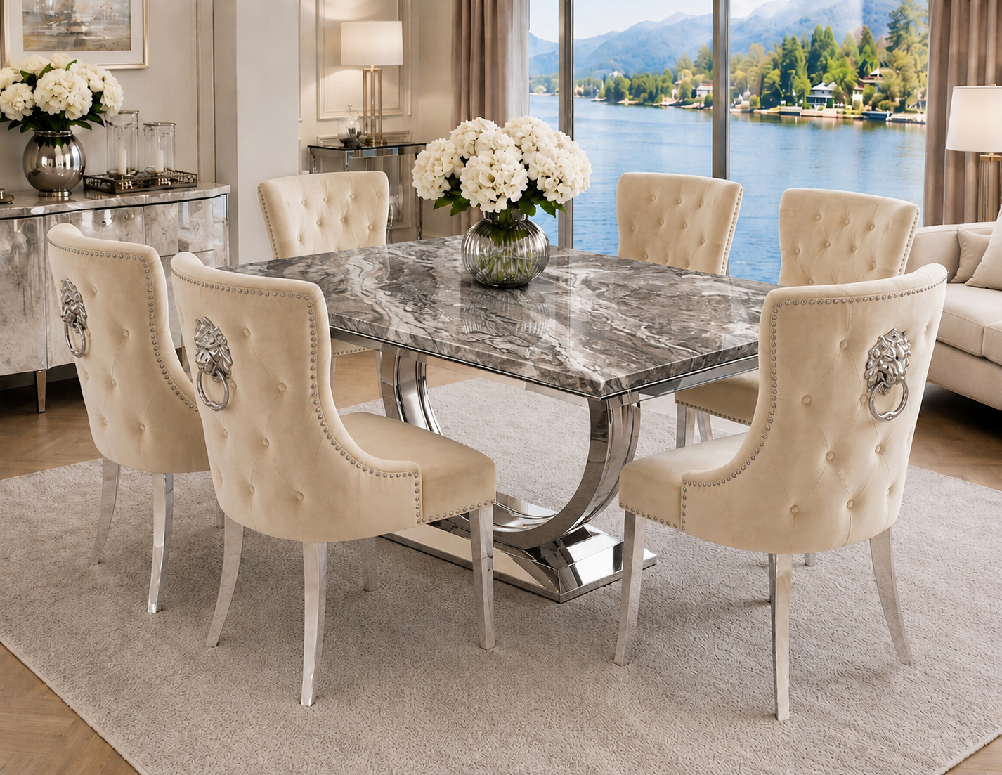 London Kensington Beige Marble Dining Set