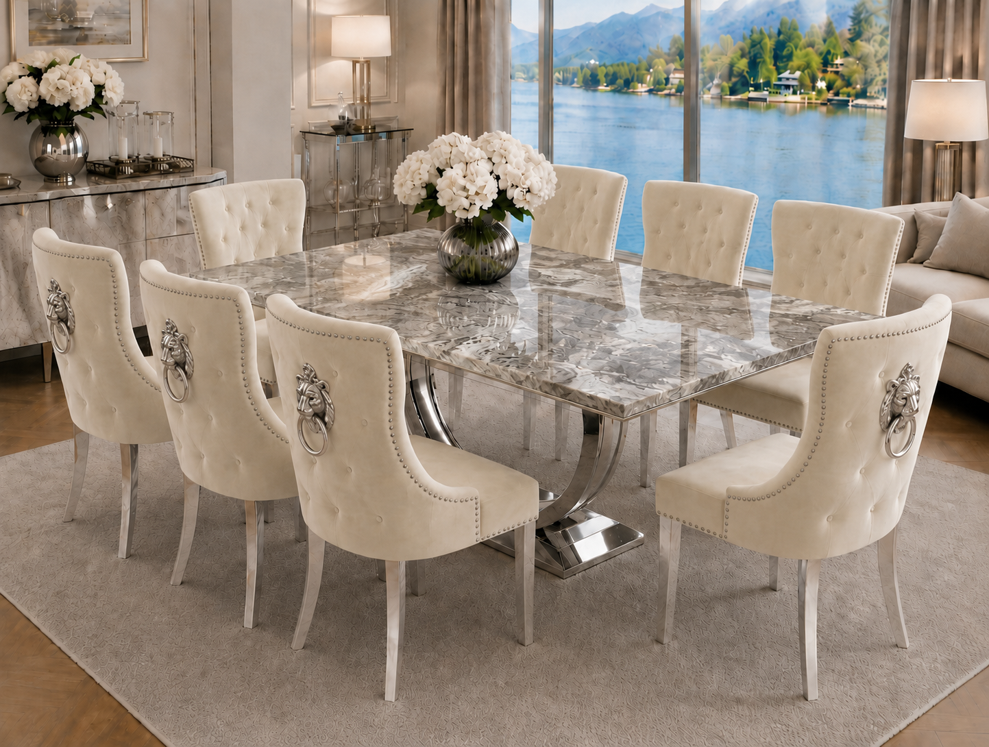 London Kensington Beige Marble Dining Set