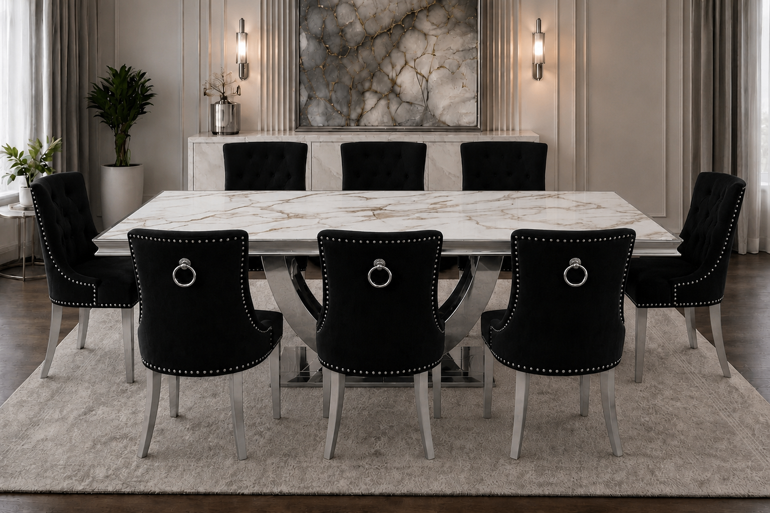 London Verona Gold And White Marble Dining Set Silver Chair