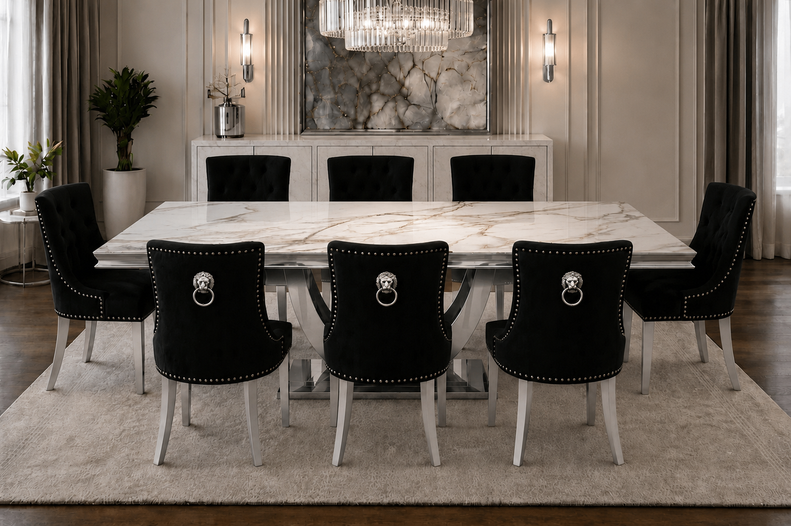 London Verona Gold And White Marble Dining Set Silver Chair