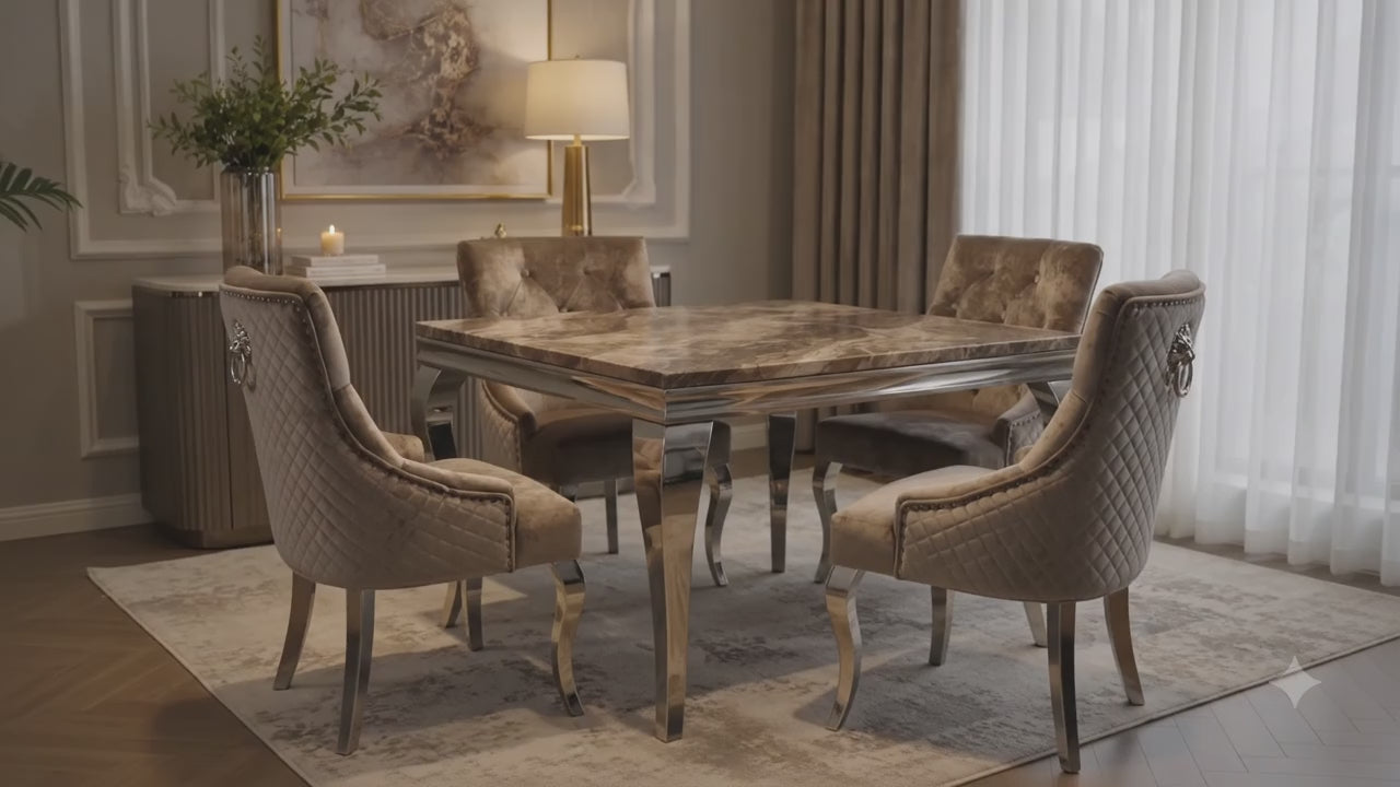 1.0 Brown Marble 4 Beige Lion Chairs